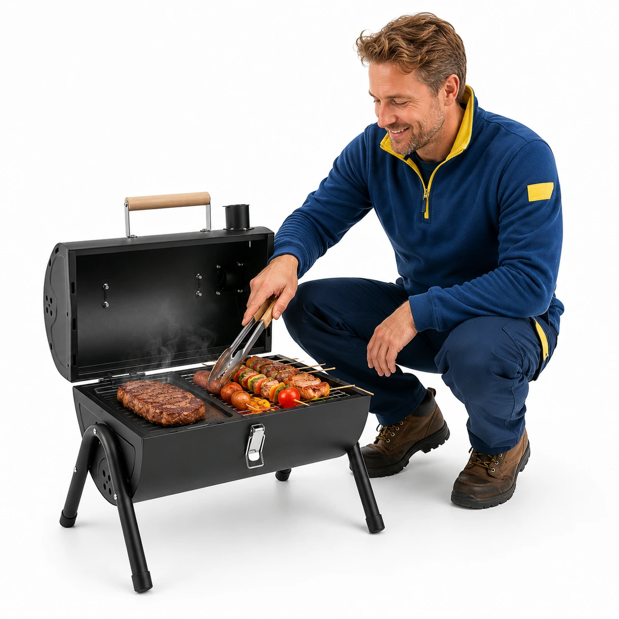 Portabel Kolgrill med Lock och Grillplatta