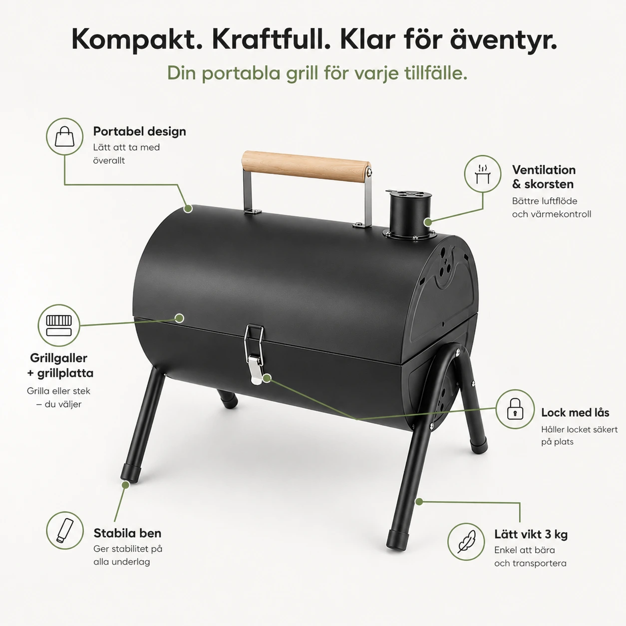 Portabel Kolgrill med Lock och Grillplatta