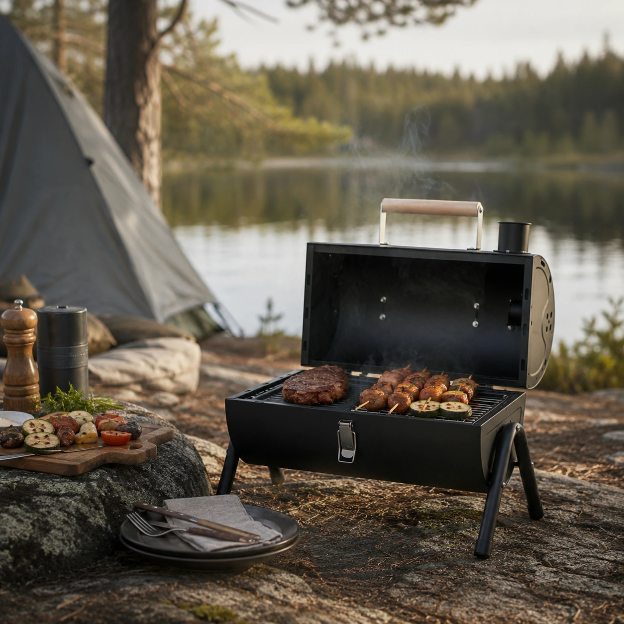 Portabel Kolgrill med Lock och Grillplatta