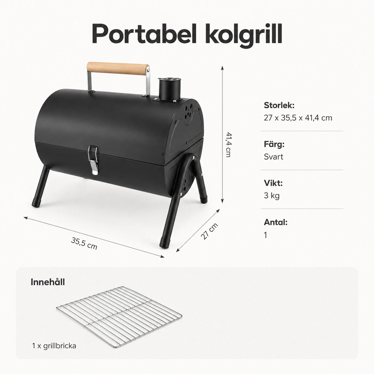 Portabel Kolgrill med Lock och Grillplatta