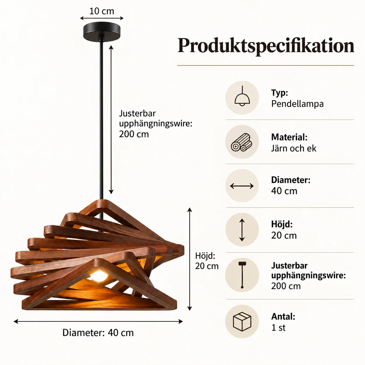 Taklampa i trä för matbord och sovrum