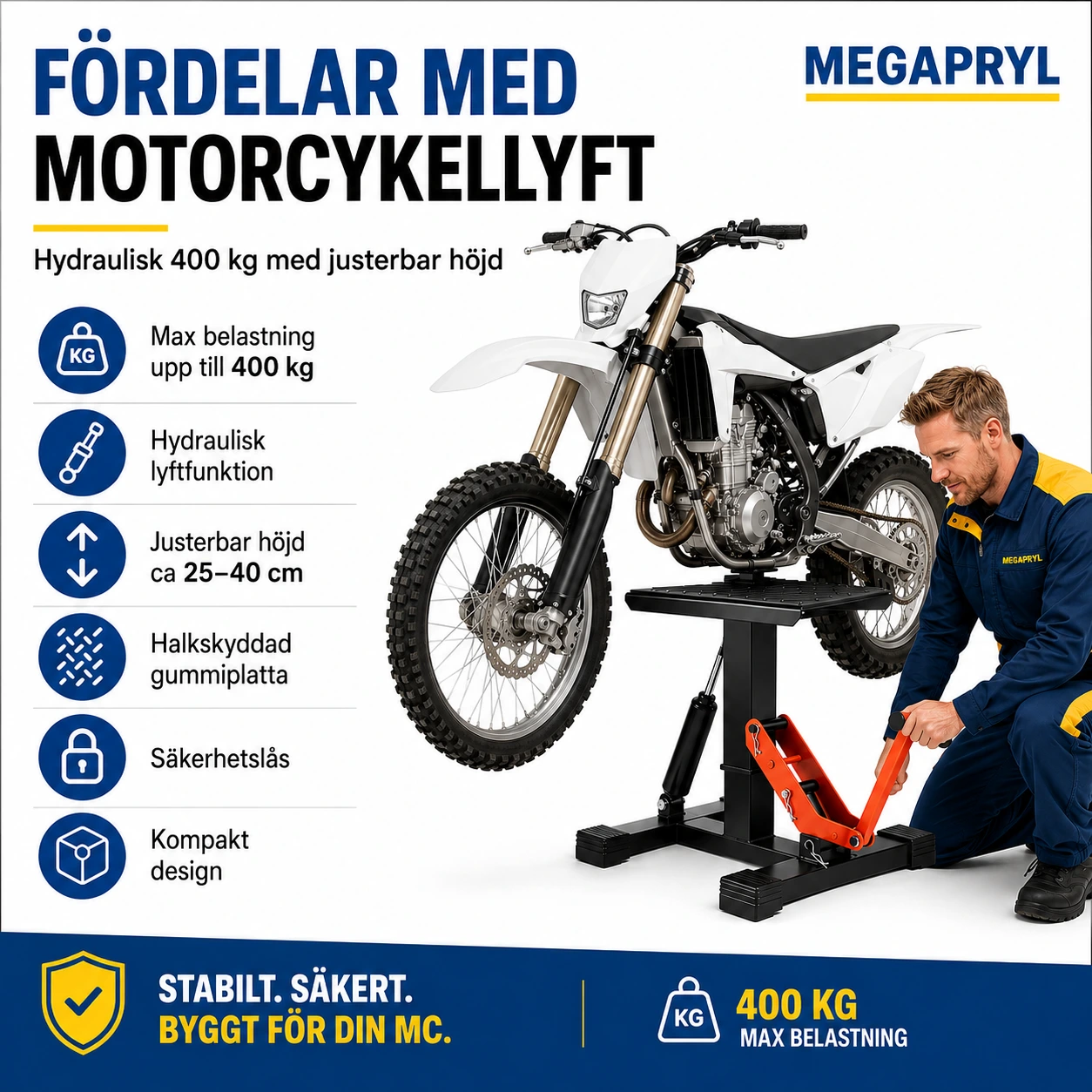 Motorcykellyft 400 kg Hydraulisk med Justerbar Höjd