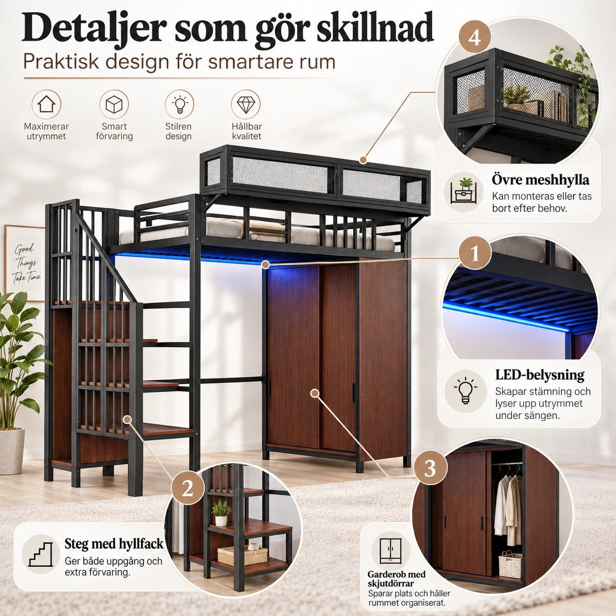 Parvisänky 90x200 cm vaatekaapilla ja LED-valaistuksella