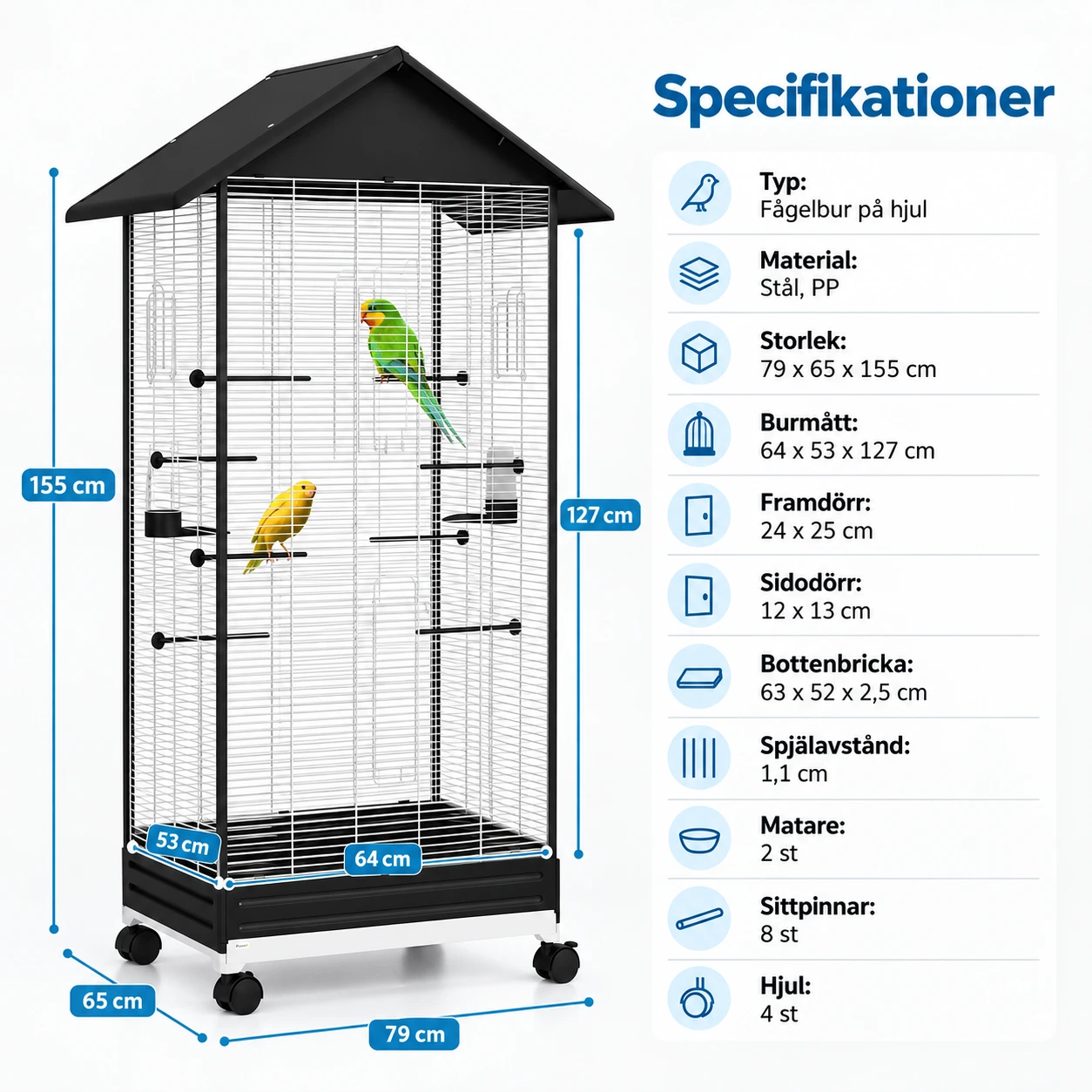 Fuglebur på hjul for småfugler med uttrekkbar bunn
