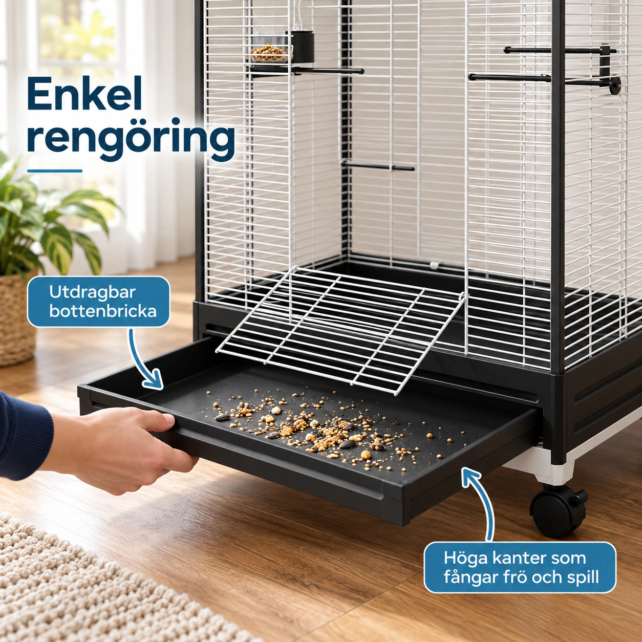 Fuglebur på hjul for småfugler med uttrekkbar bunn