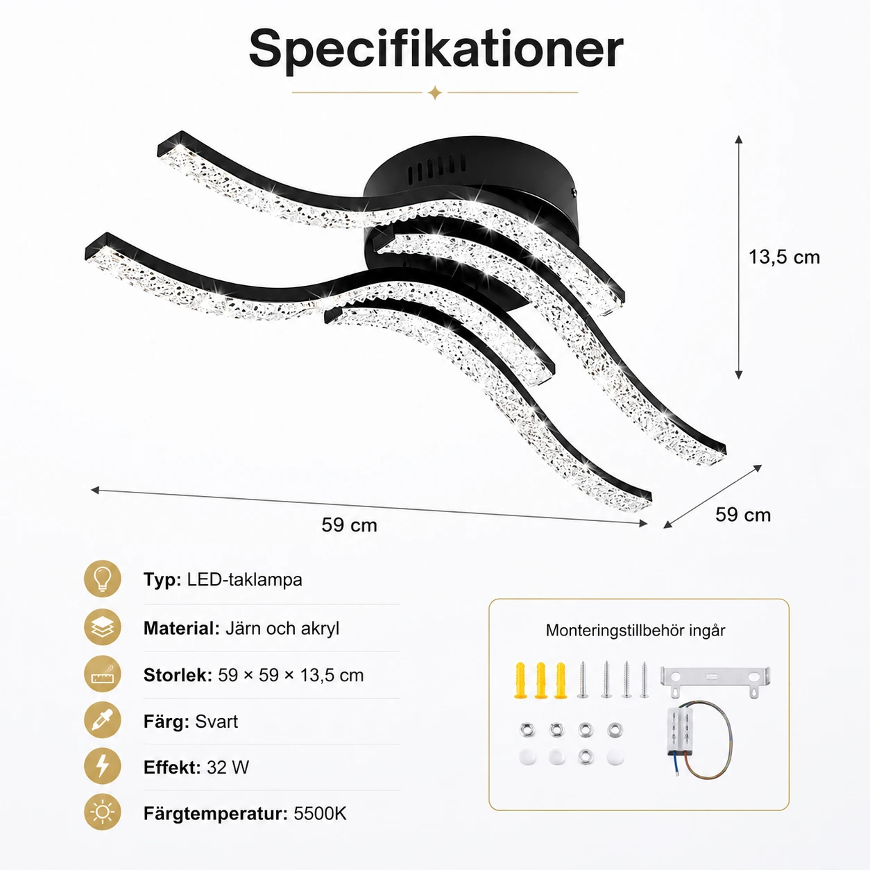 LED-taklampa med vågformad design i svart