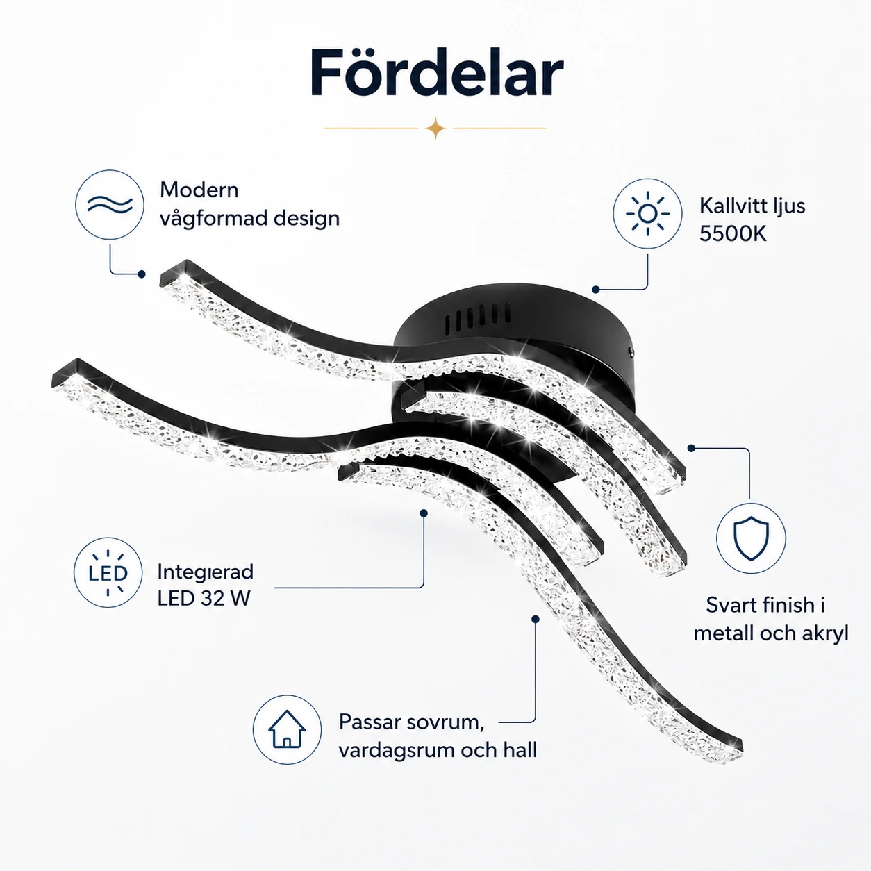 LED-taklampa med vågformad design i svart