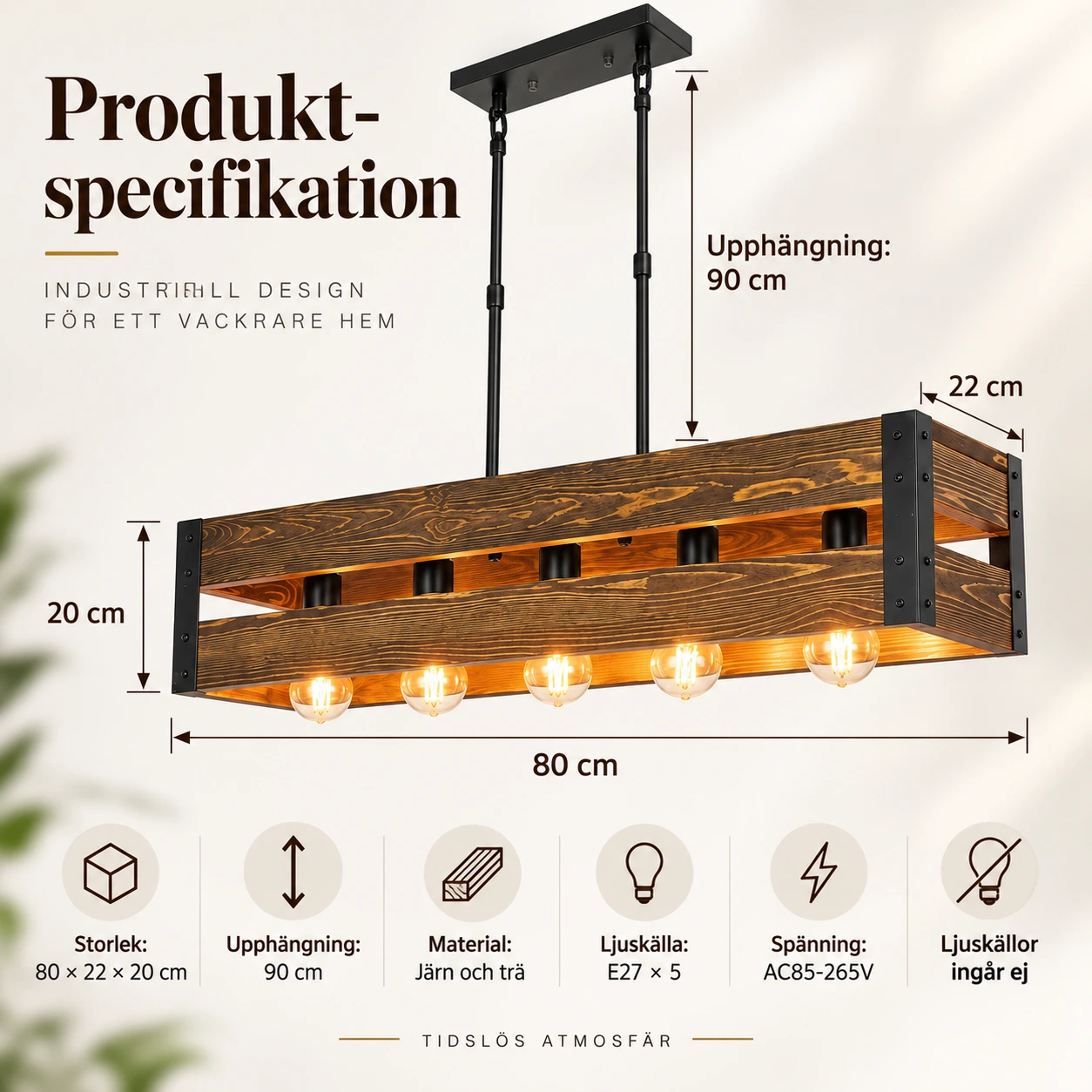 Taklampa i industriell stil med trä och järn