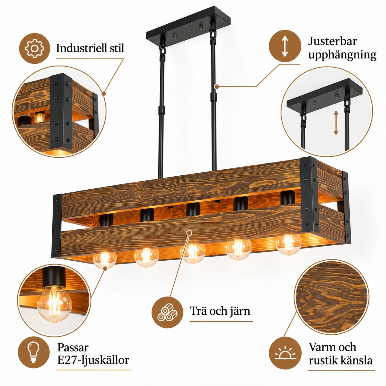 Taklampa i industriell stil med trä och järn