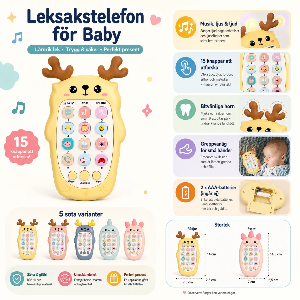 Leksakstelefon Baby – Musik, Ljus & Bitvänliga Horn