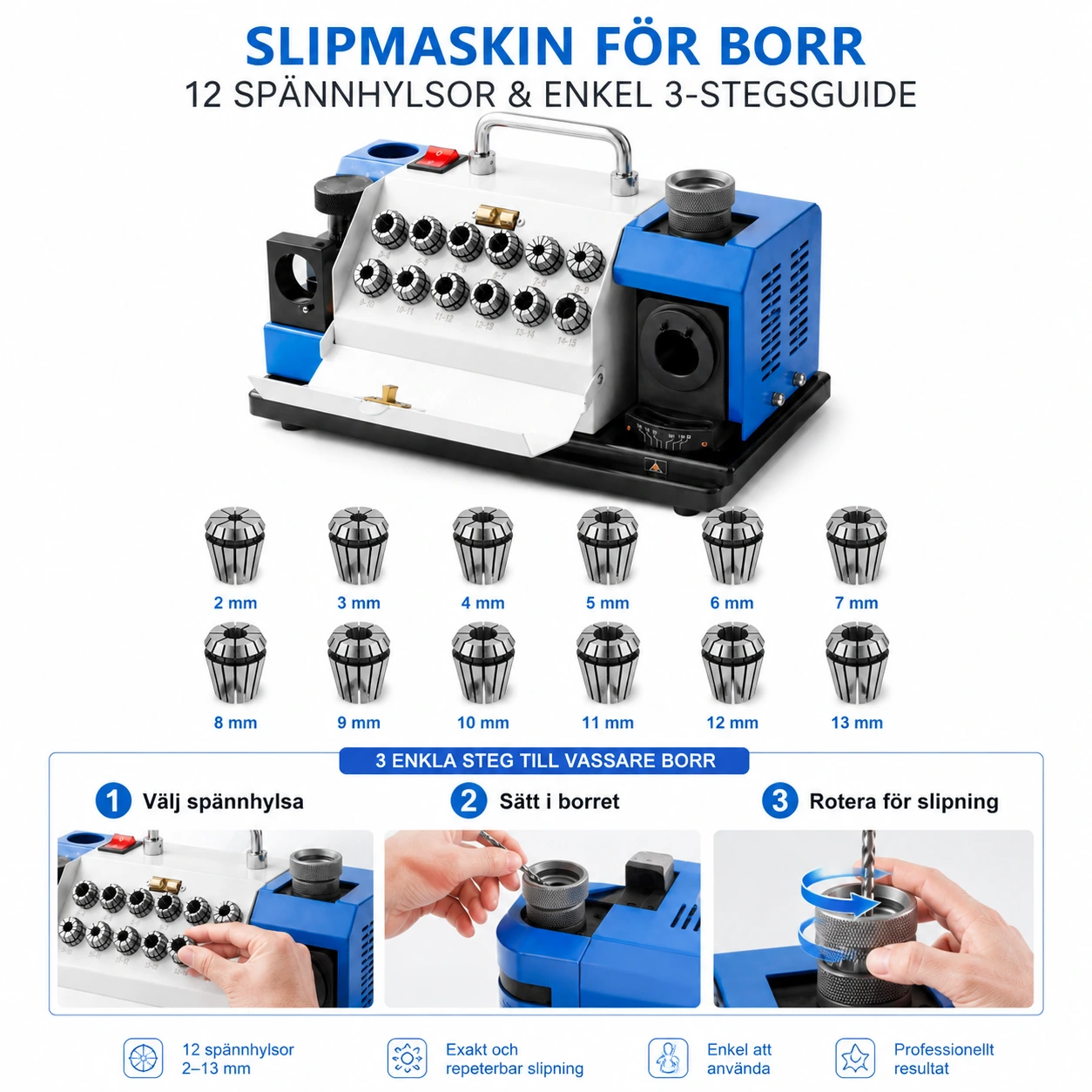 Borrslipmaskin för borr 2–13 mm med justerbar vinkel