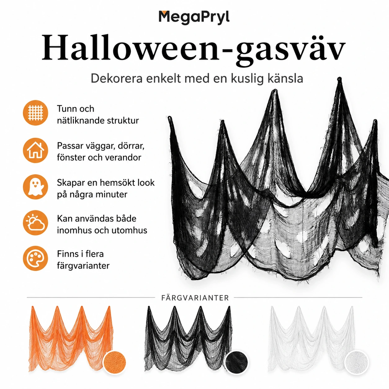 Halloween-gasväv för dekoration 30 x 72 tum
