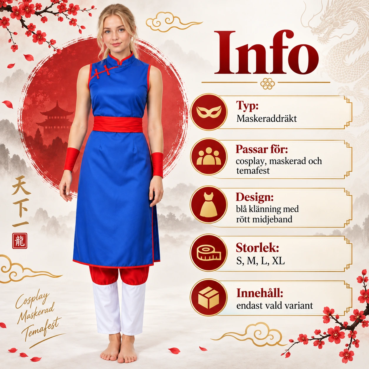 Sininen cosplayasu punaisella vyötärönauhalla ja valkoisilla housuilla