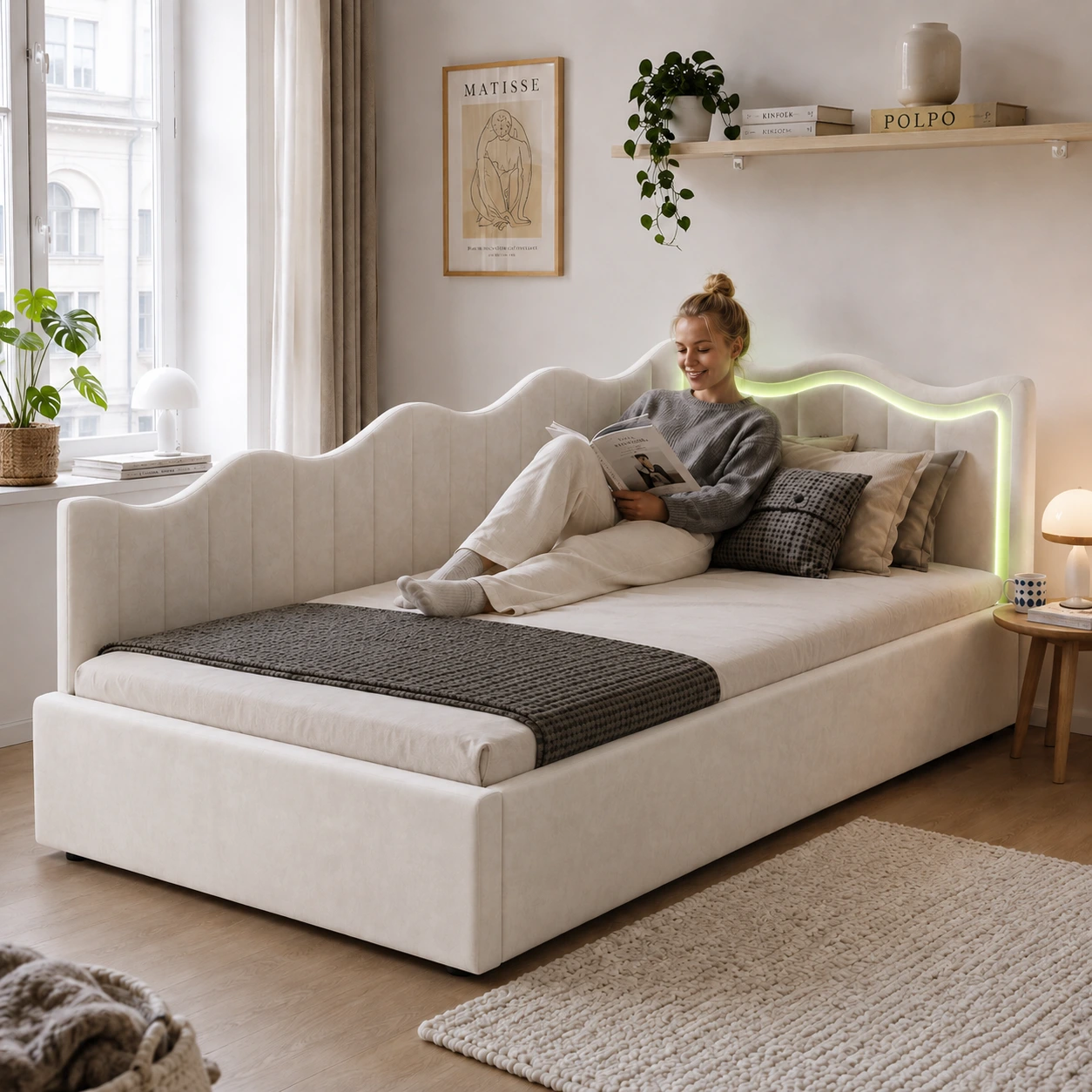 Dagbädd 90x200 cm med förvaring och LED-belysning