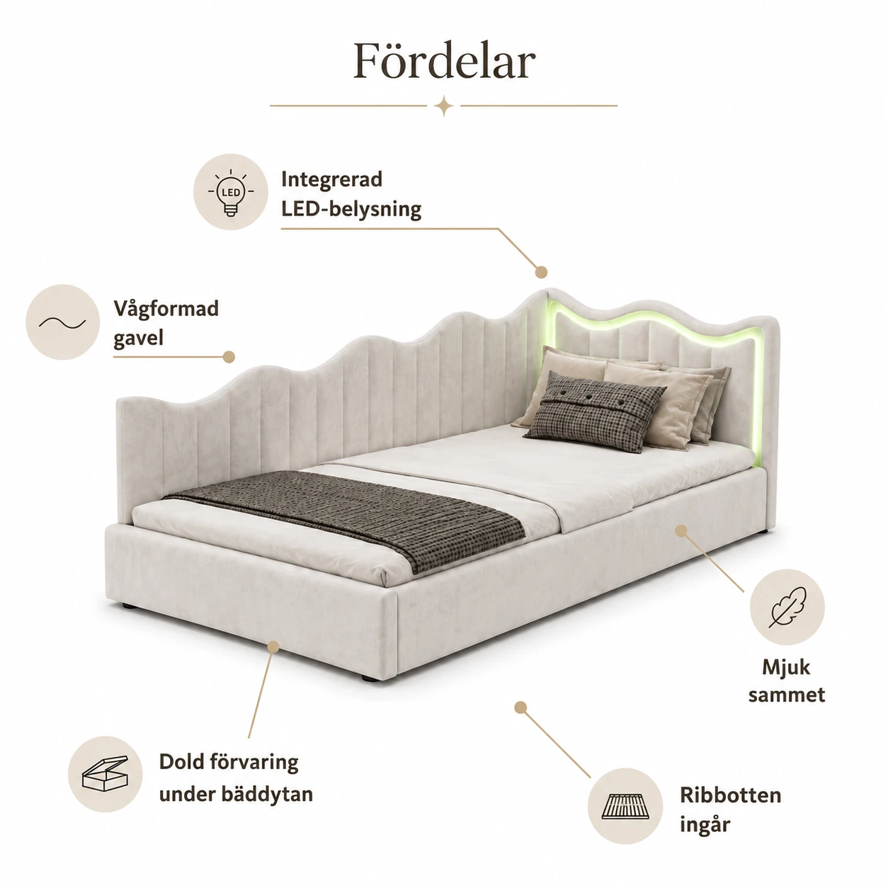 Dagbädd 90x200 cm med förvaring och LED-belysning