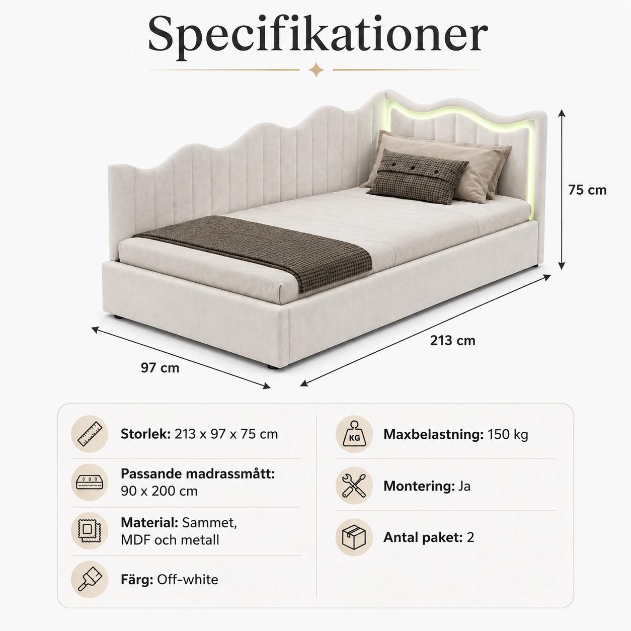 Dagbädd 90x200 cm med förvaring och LED-belysning