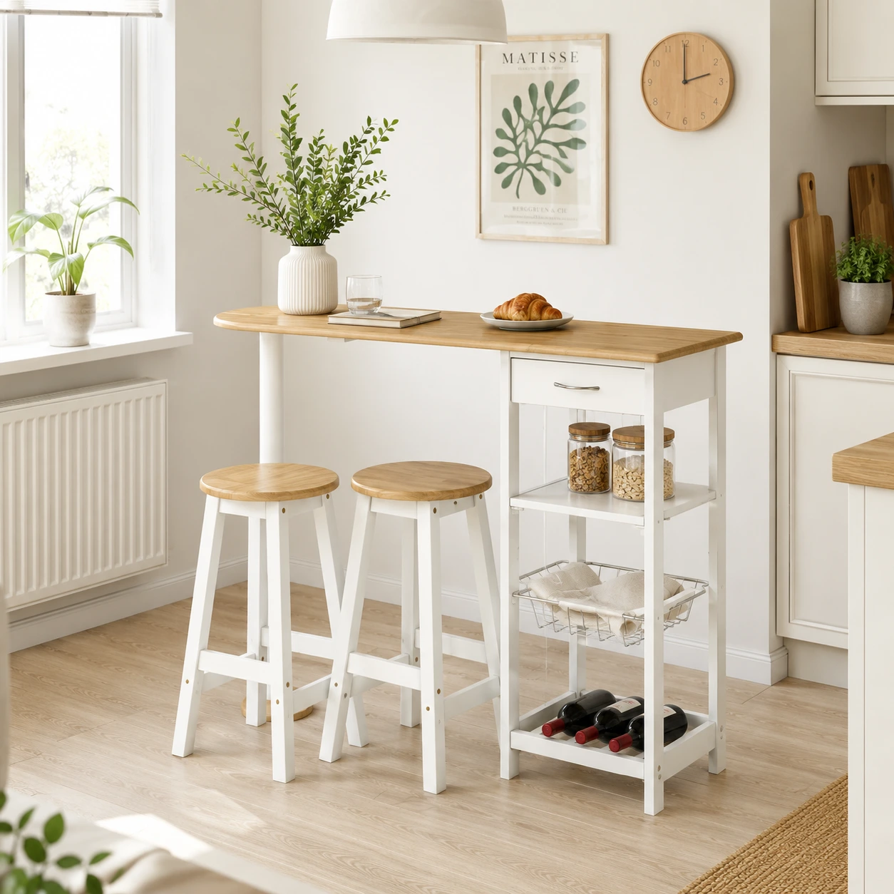 Barbord med förvaring och 2 pallar för kök och matplats