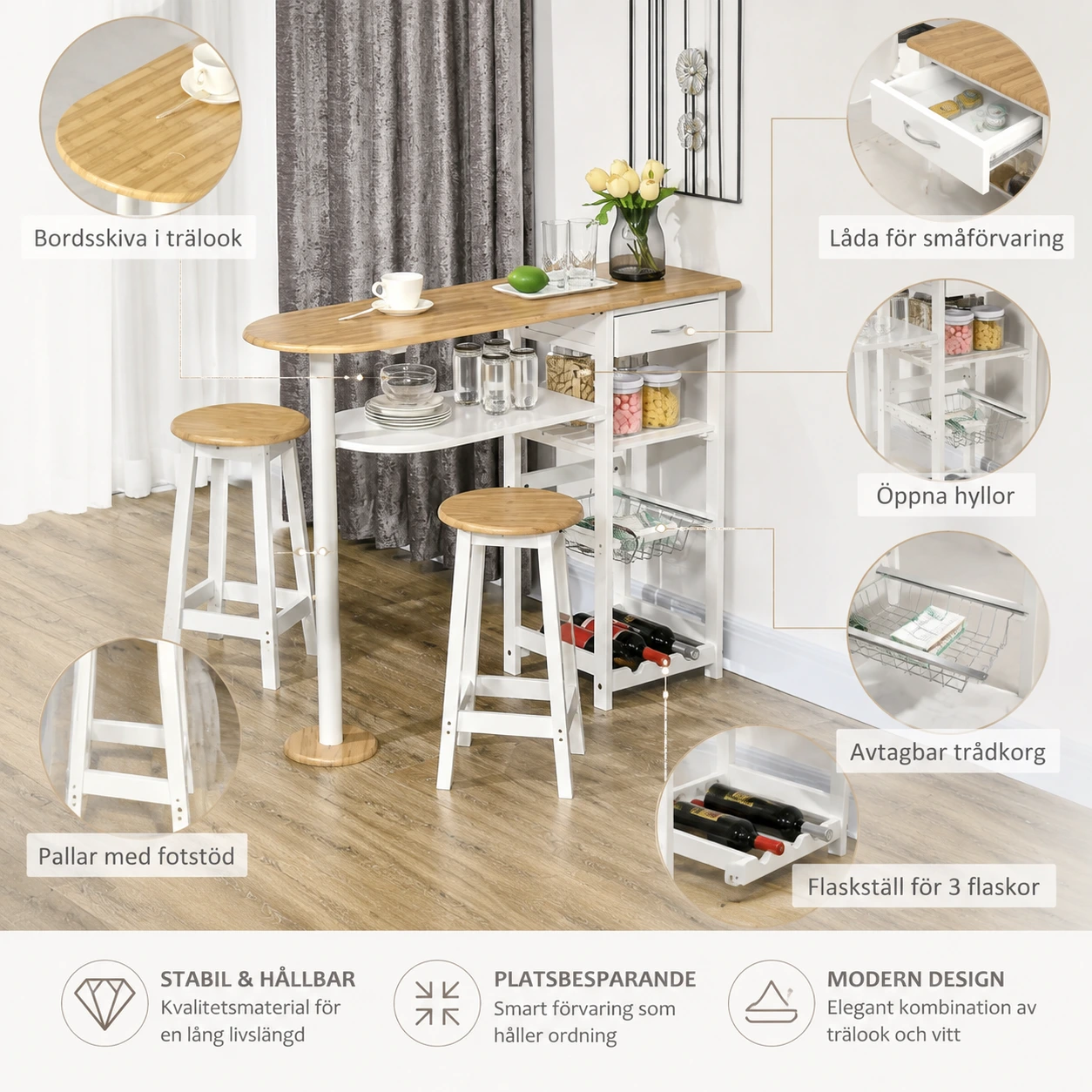 Barbord med förvaring och 2 pallar för kök och matplats