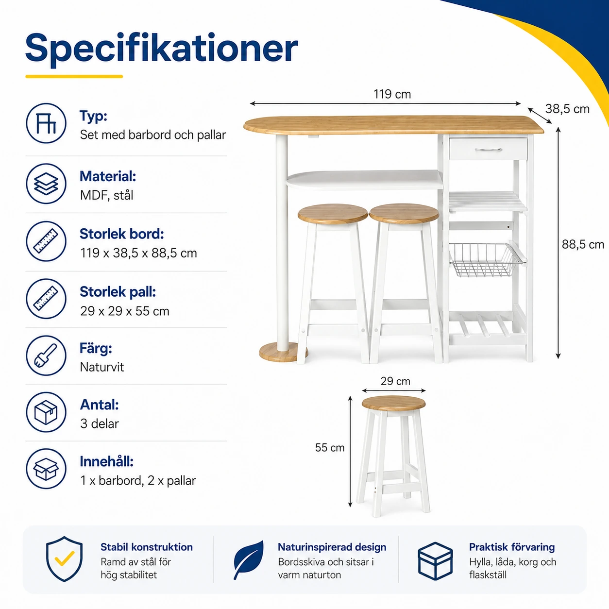 Barbord med förvaring och 2 pallar för kök och matplats