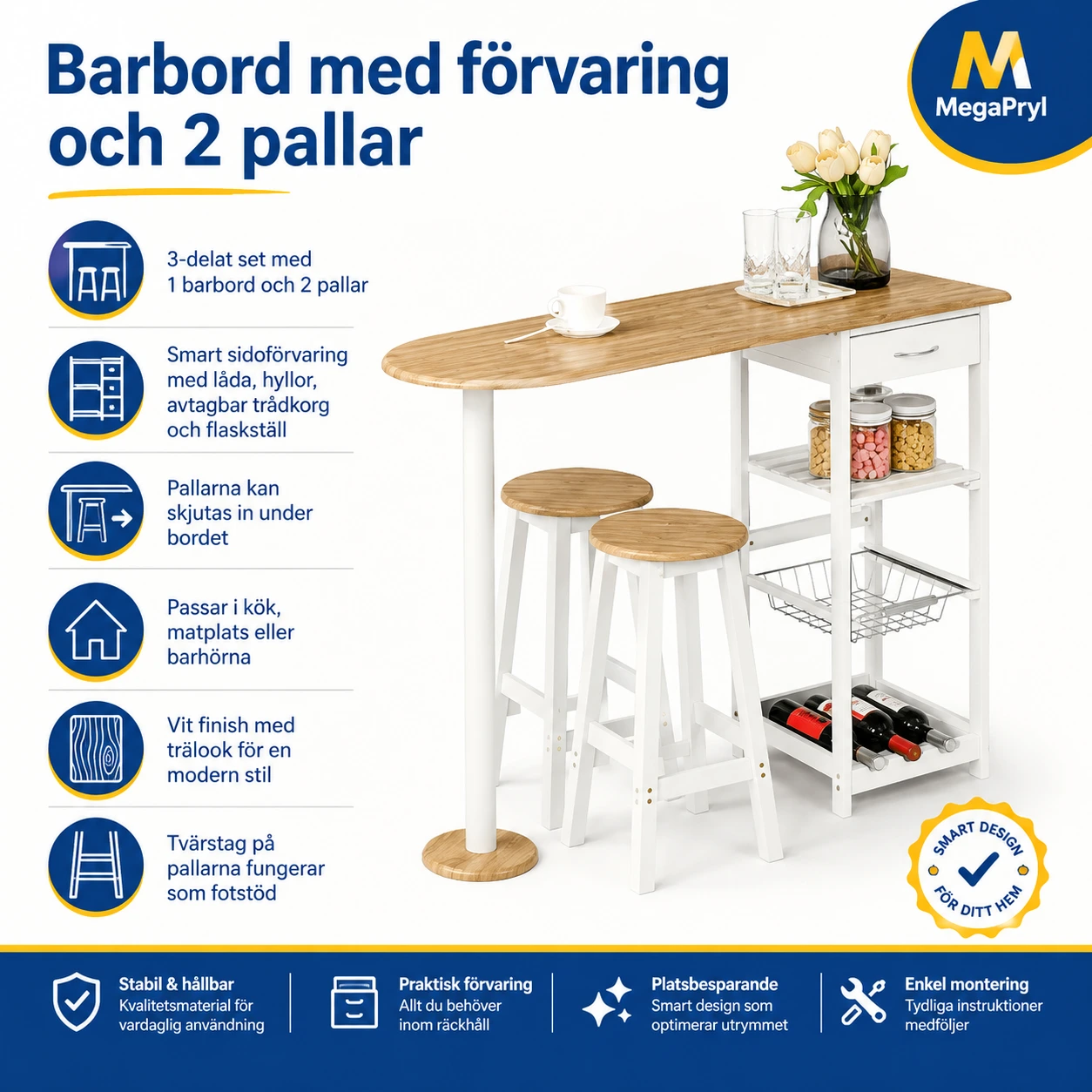 Barbord med förvaring och 2 pallar för kök och matplats