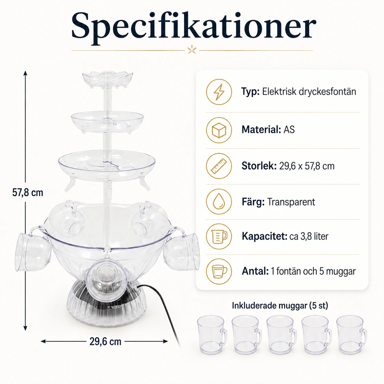 Dryckesfontän för fest med LED-belysning och 3 nivåer