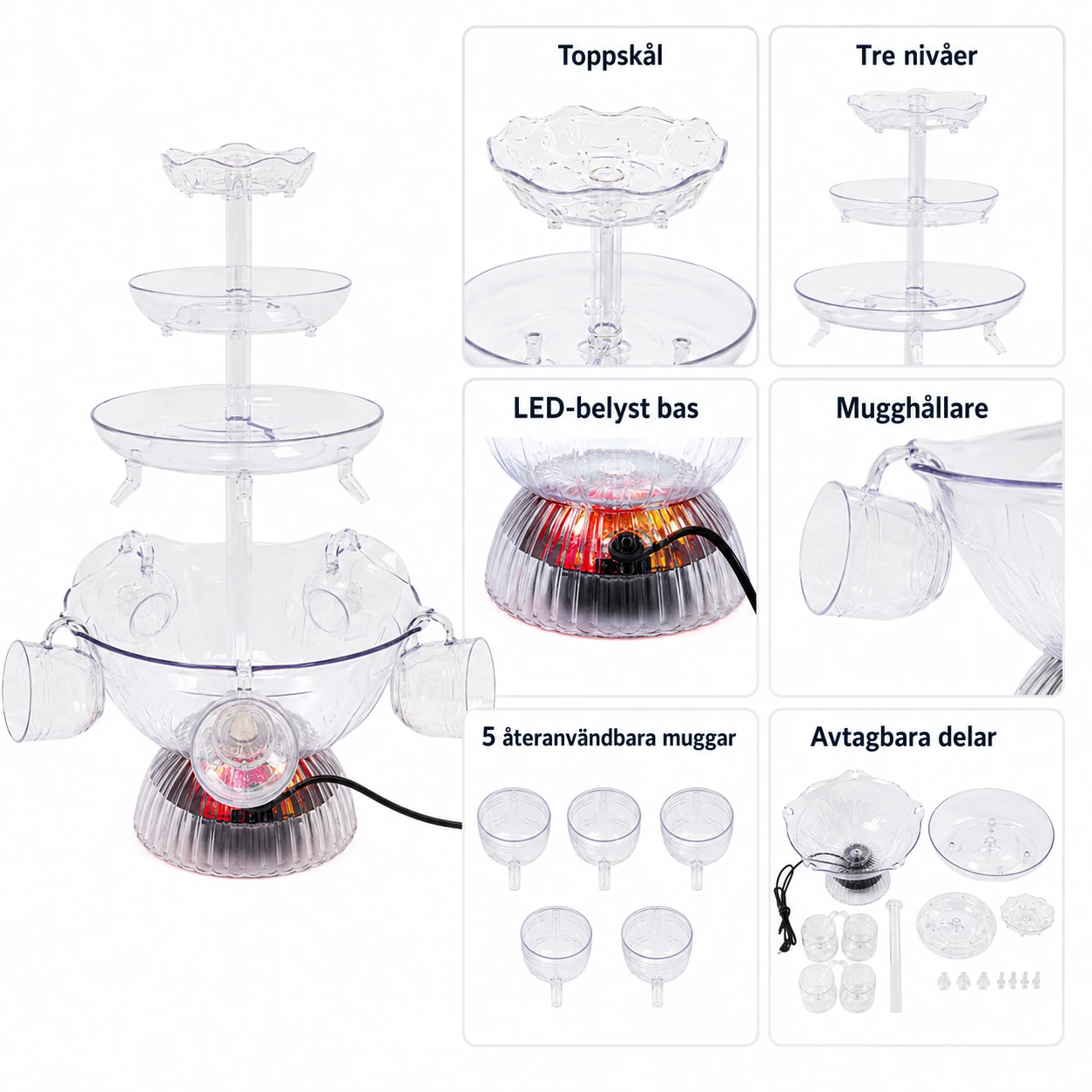 Dryckesfontän för fest med LED-belysning och 3 nivåer