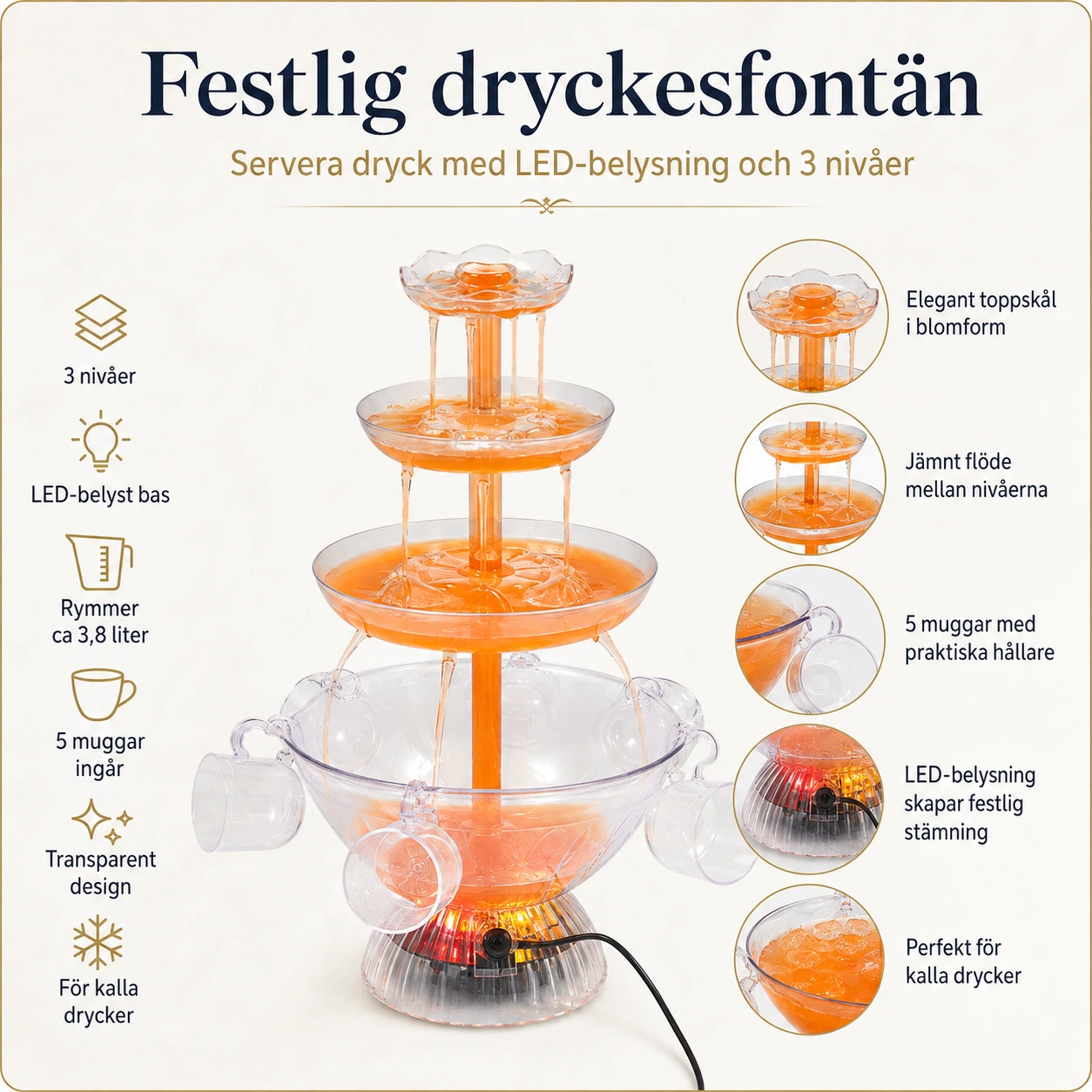 Dryckesfontän för fest med LED-belysning och 3 nivåer