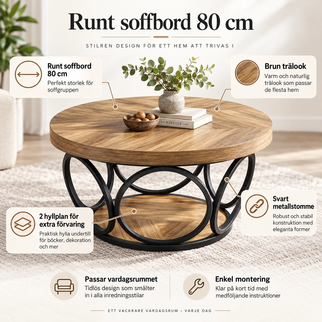 Runt soffbord med 2 hyllplan, 80 cm