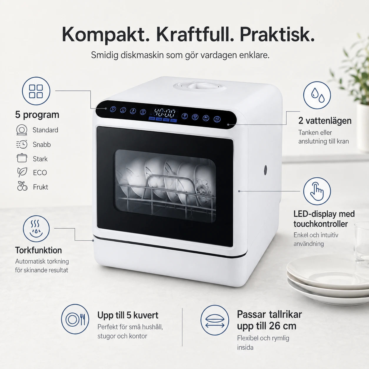 Bänkdiskmaskin med LED-display och 5 program