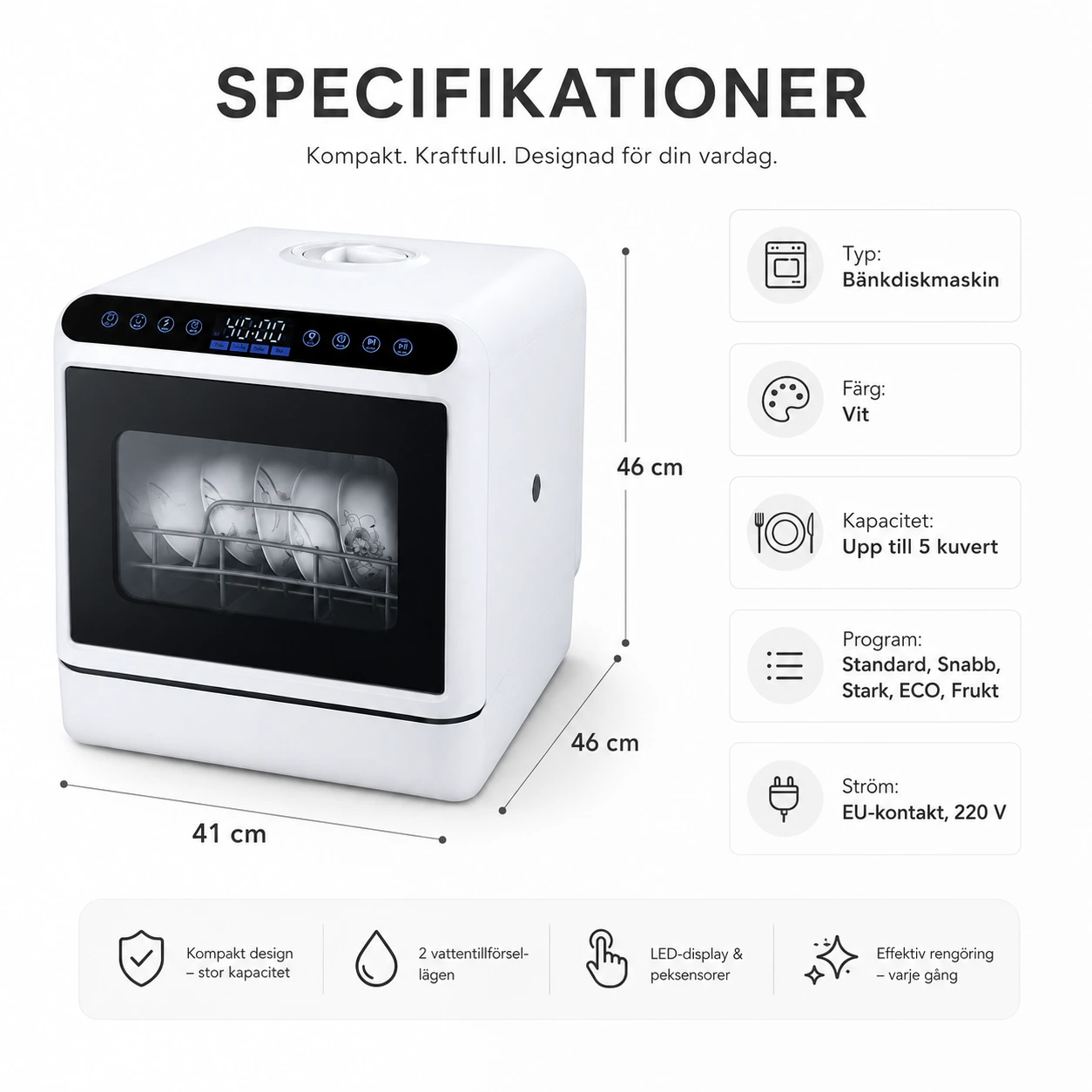 Bänkdiskmaskin med LED-display och 5 program