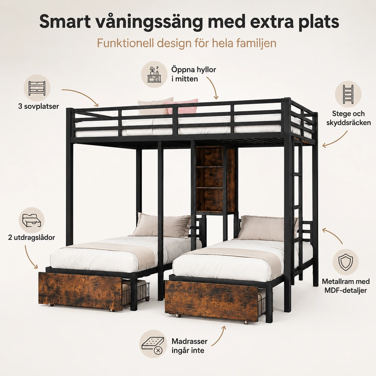 Våningssäng för 3 personer med lådor och hyllor
