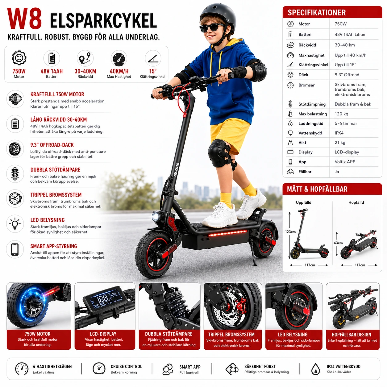 Elsparkcykel 750W – 30–40 km Räckvidd