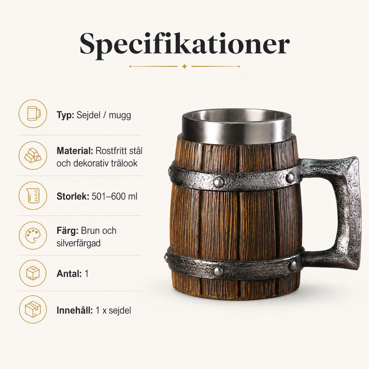 Ölsejdel i trälook med rostfri insida 501–600 ml