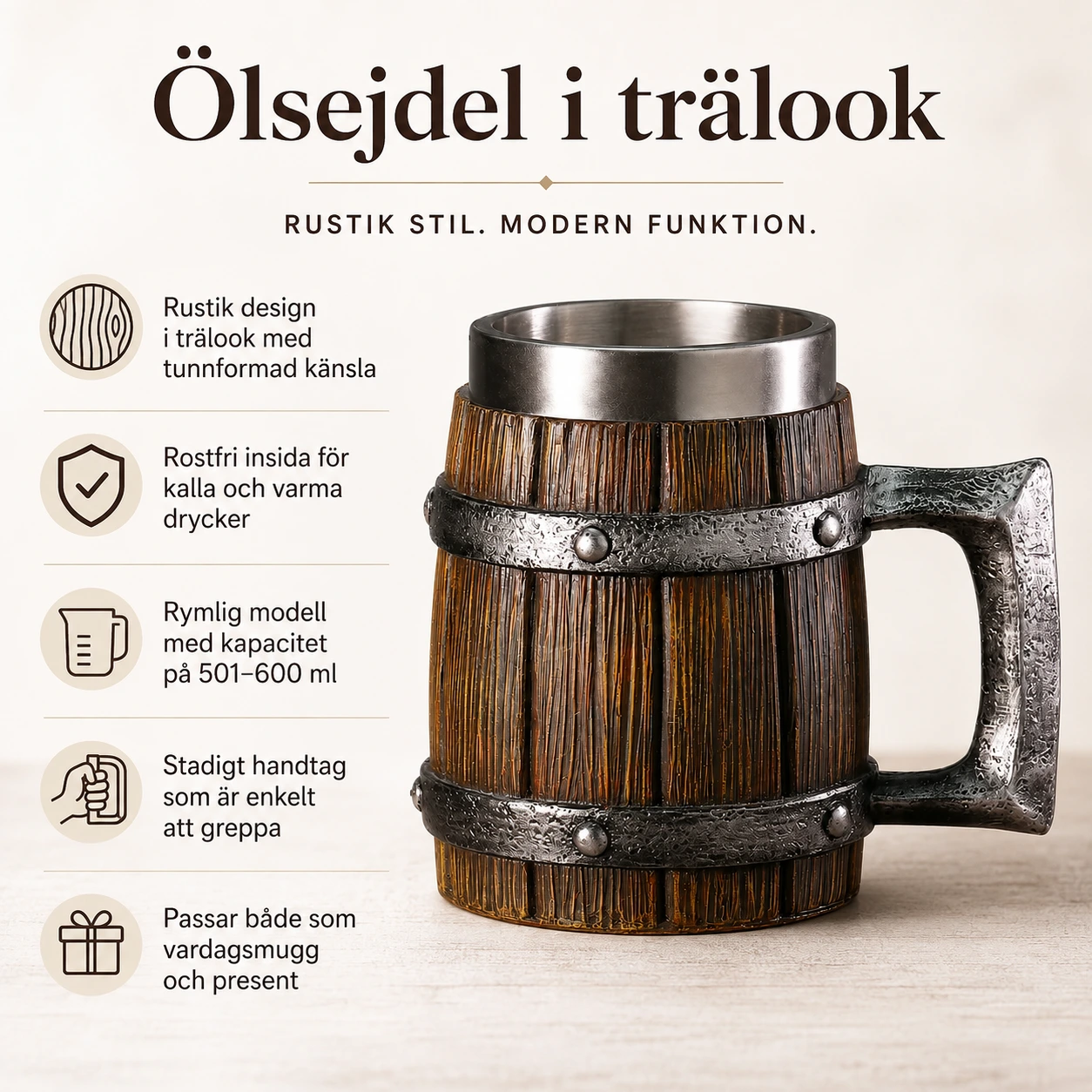 Ölsejdel i trälook med rostfri insida 501–600 ml