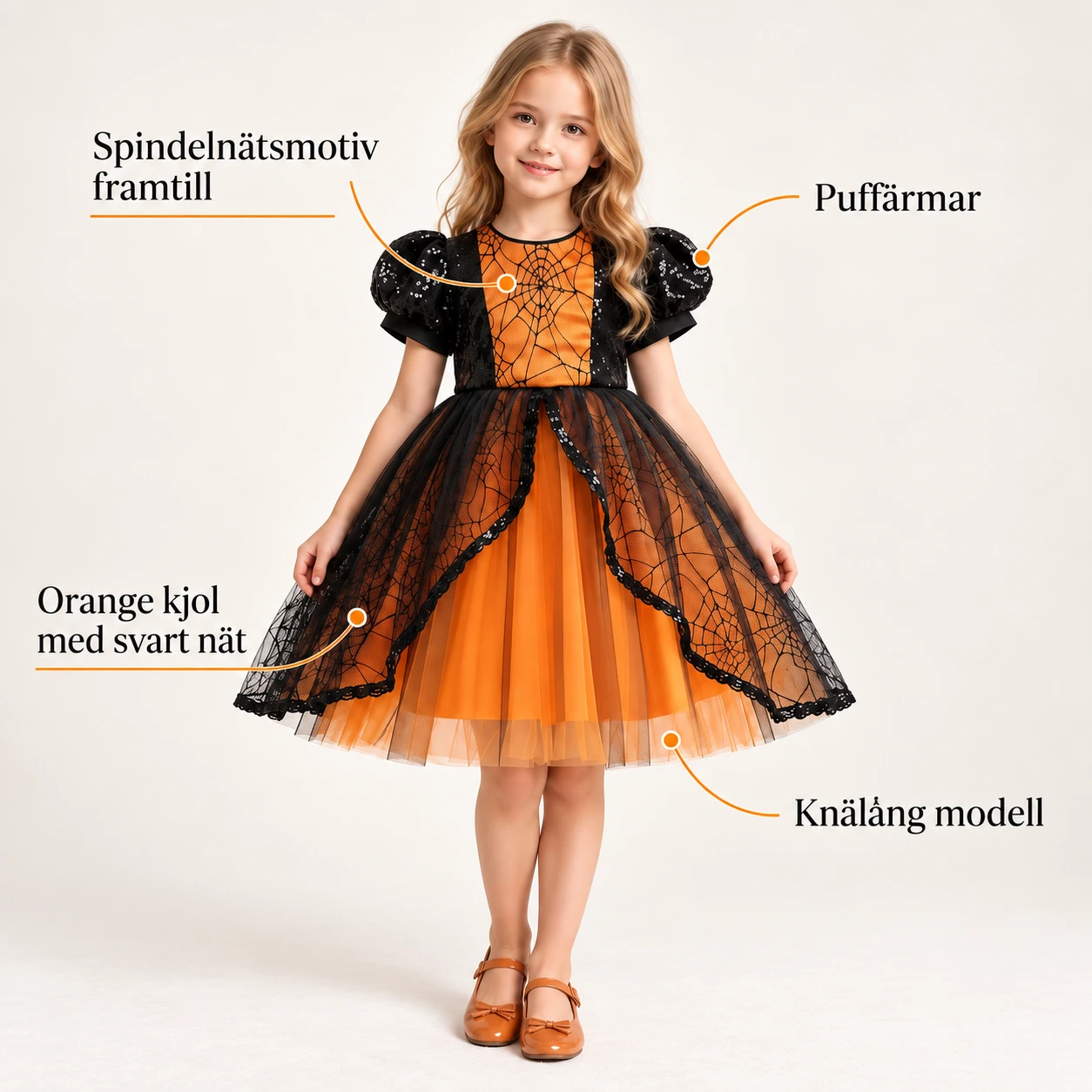 Klänning barn med spindelnätsmönster och puffärm