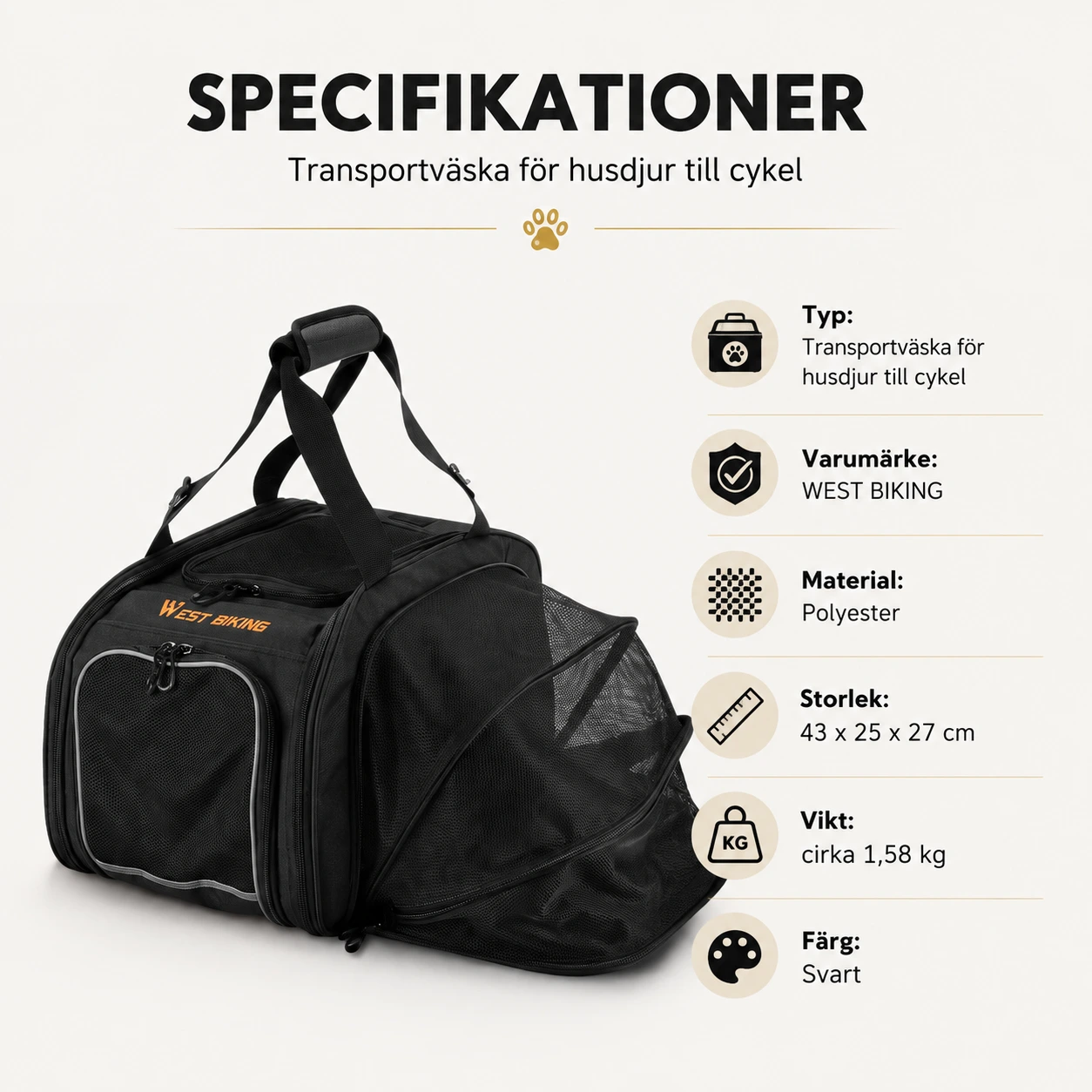 Transportväska för husdjur till cykel med hopfällbar design