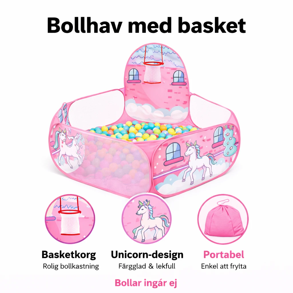 Bollhav med basket – rosa lekpool barn med unicorn-design