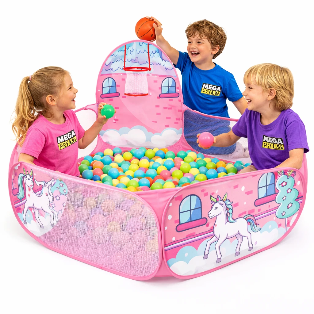 Bollhav med basket – rosa lekpool barn med unicorn-design