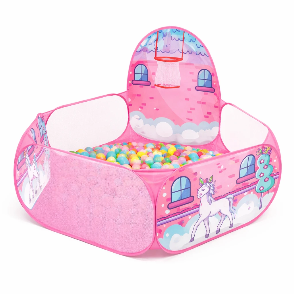 Bollhav med basket – rosa lekpool barn med unicorn-design