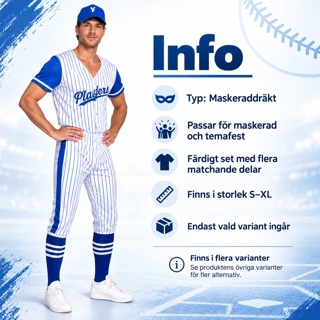 Sinivalkoraidallinen baseballasu lippalakilla ja sukilla
