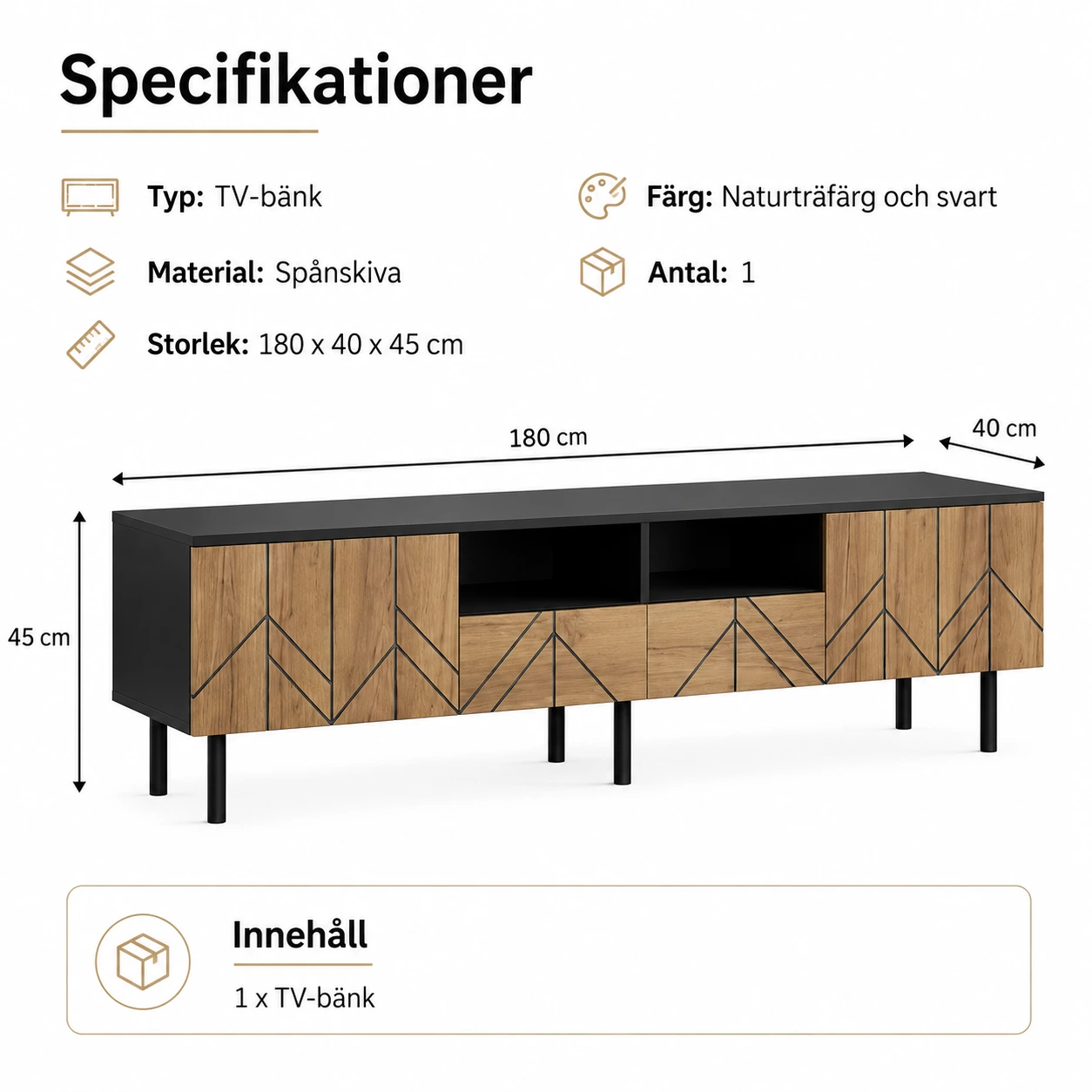 TV-bänk med lådor och skåp 180 x 40 x 45 cm
