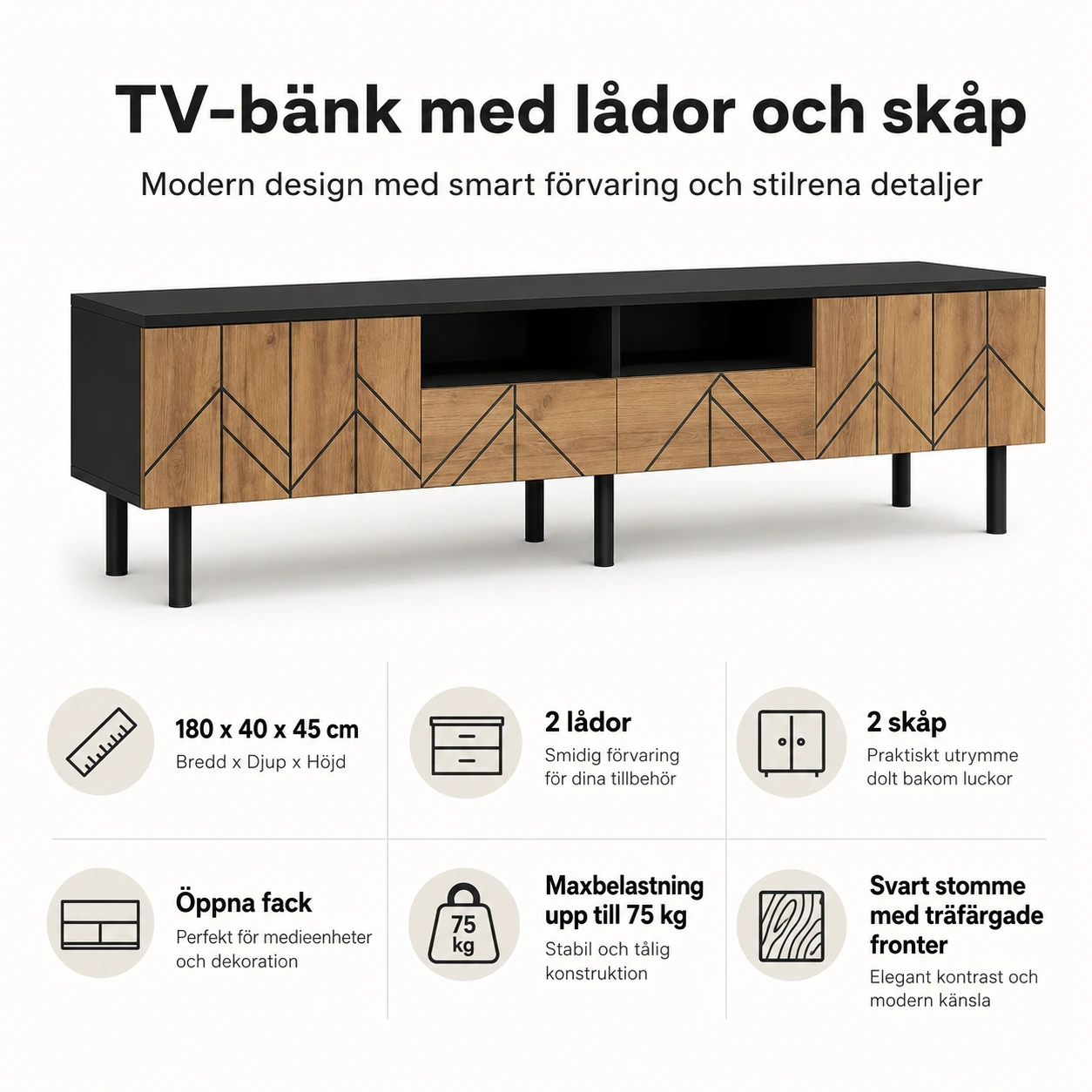 TV-bänk med lådor och skåp 180 x 40 x 45 cm