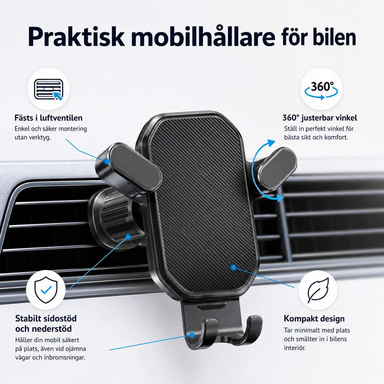Mobilhållare för bilens luftventil med 360° justering