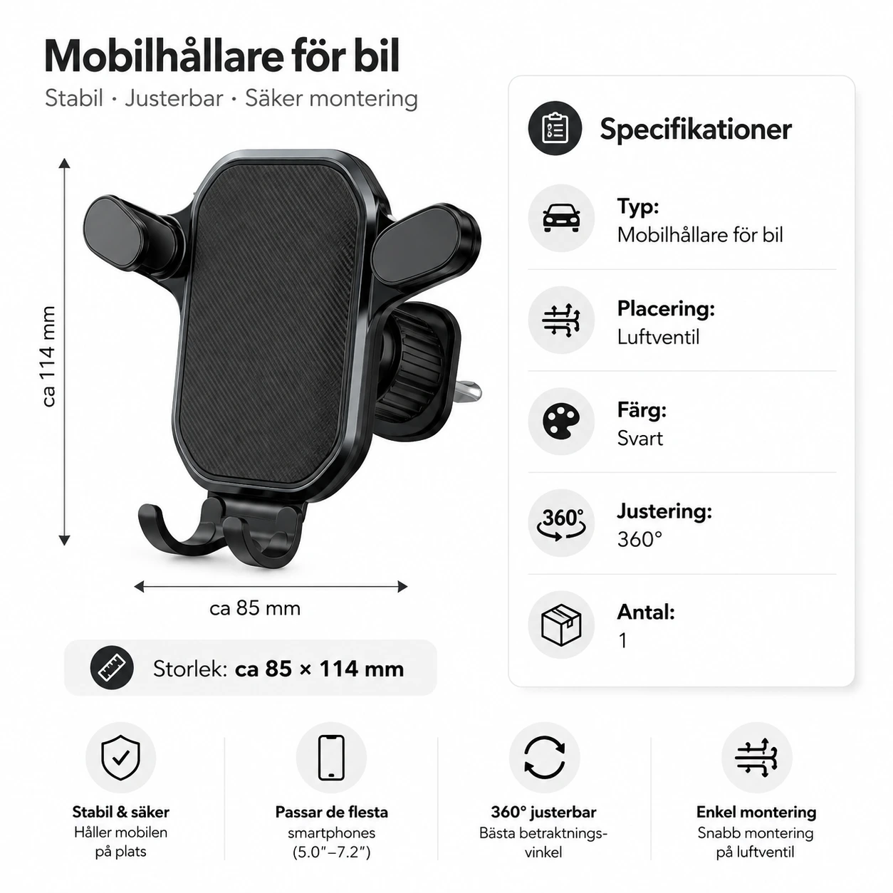 Mobilhållare för bilens luftventil med 360° justering