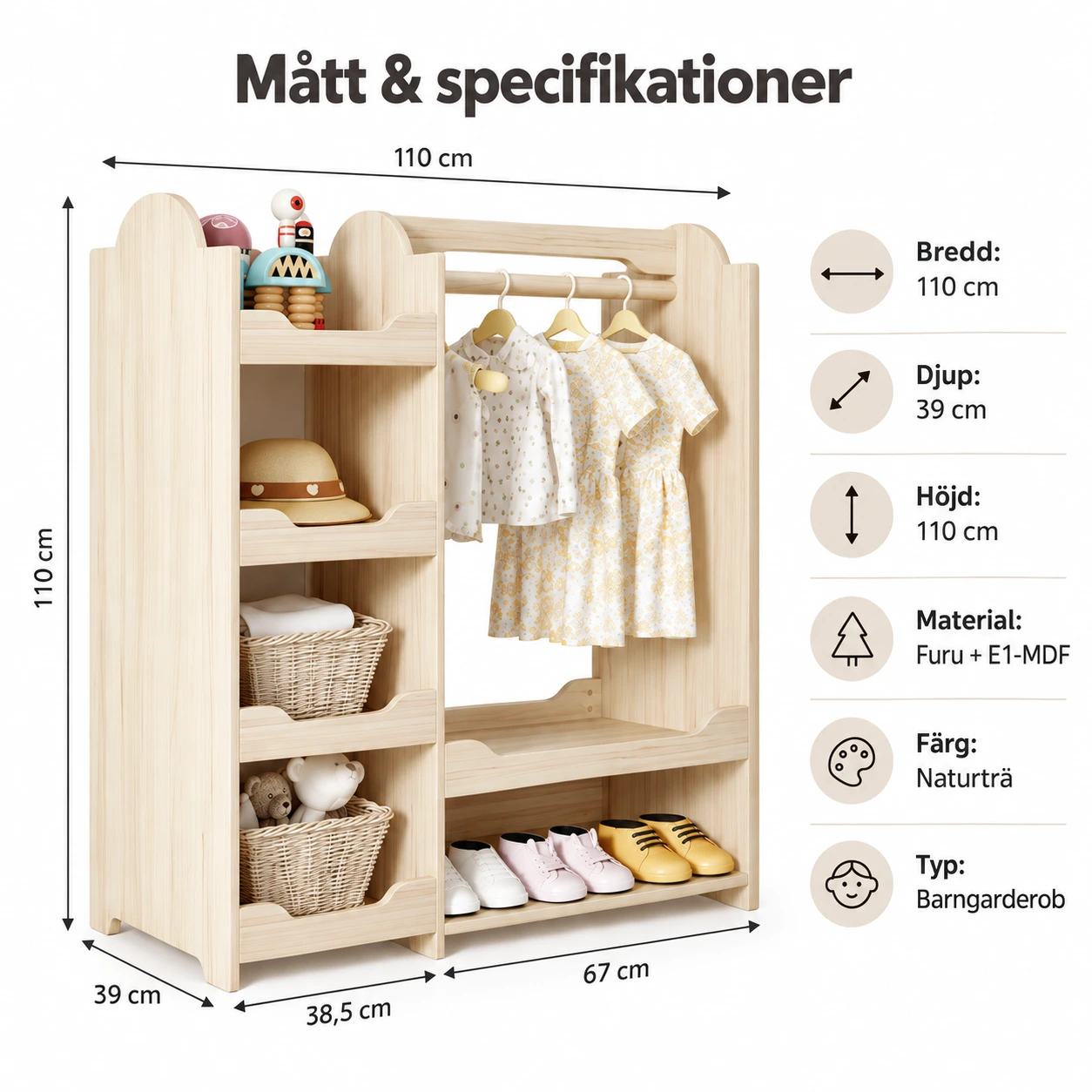 Barngarderob med klädstång och 4 öppna hyllor