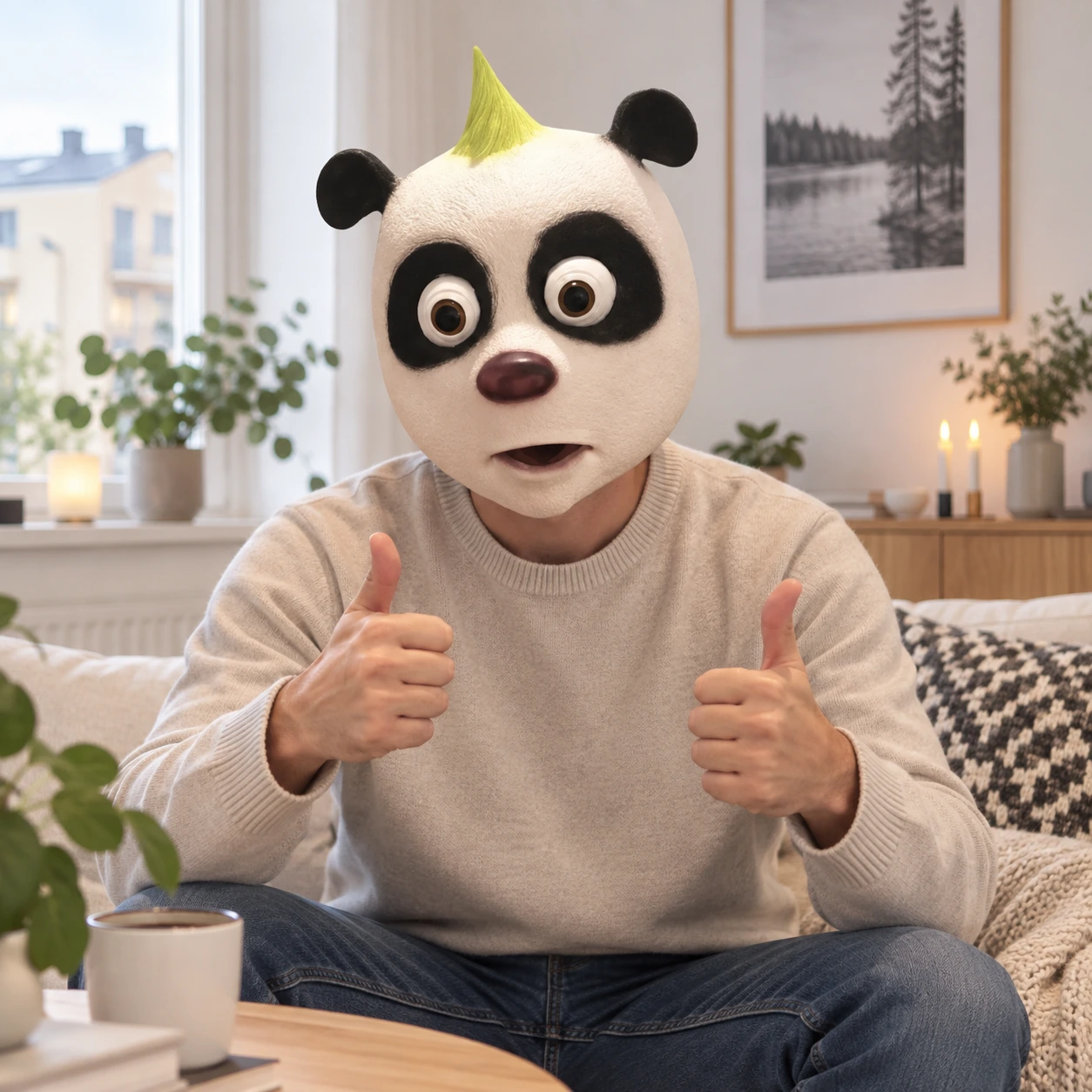 Tecknad Panda Latexmask med Gul Tofs