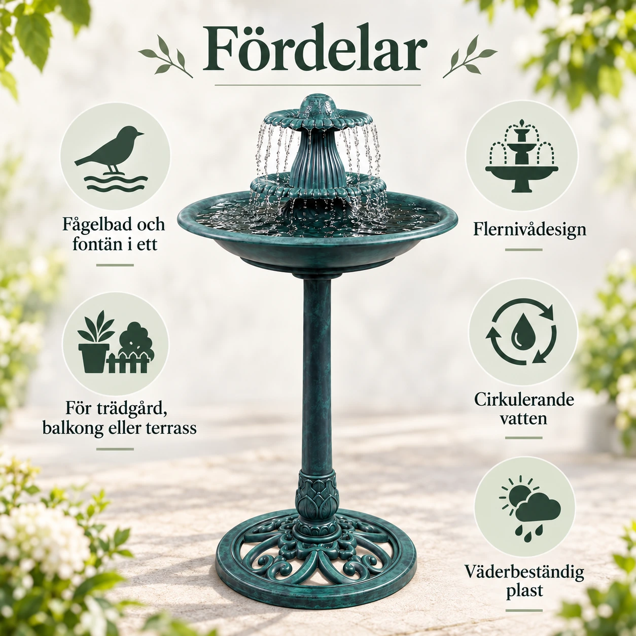 Fågelbad med fontän för trädgård och balkong, 50 x 91 cm