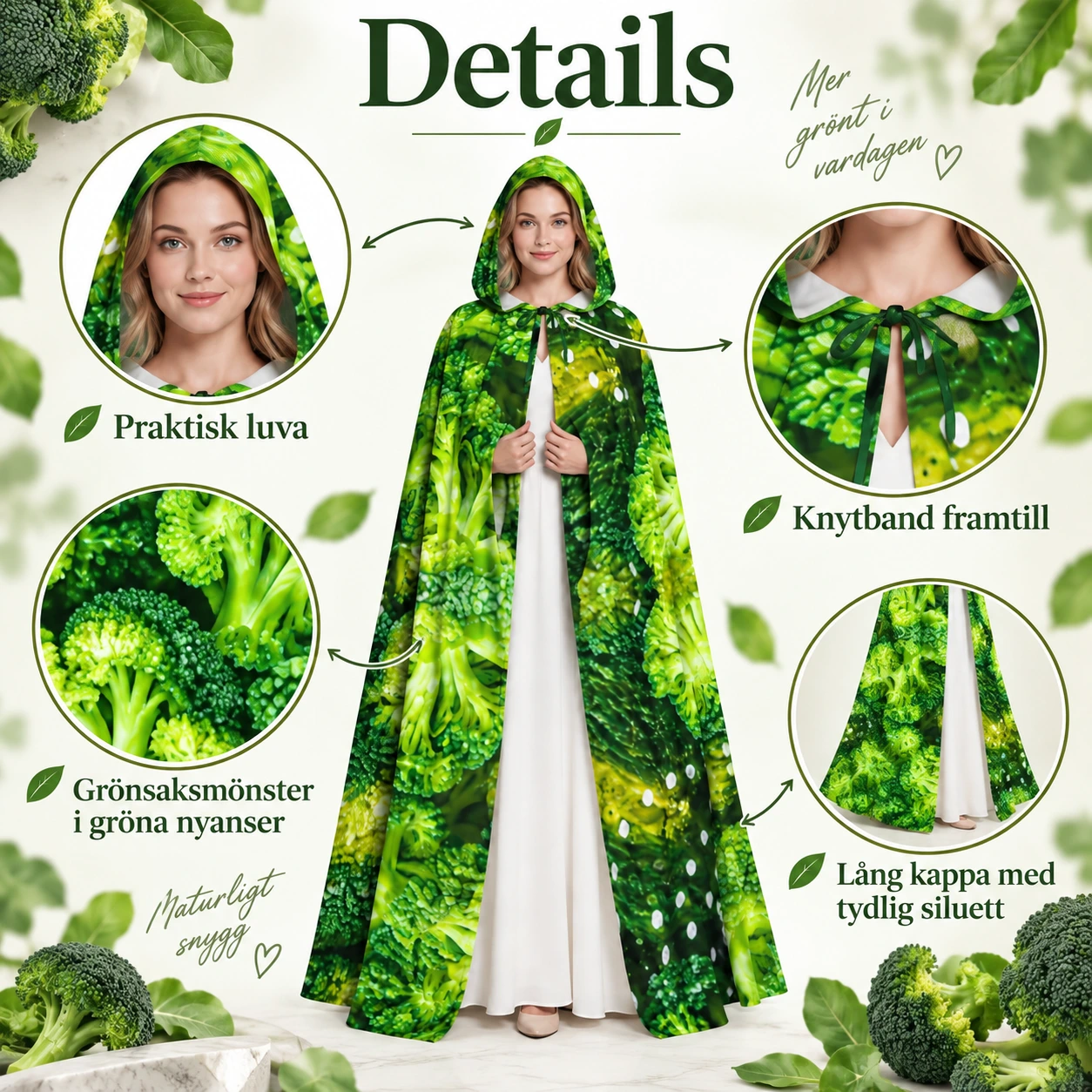 Grön Broccolimantel med Luva och Grönsaksmotiv