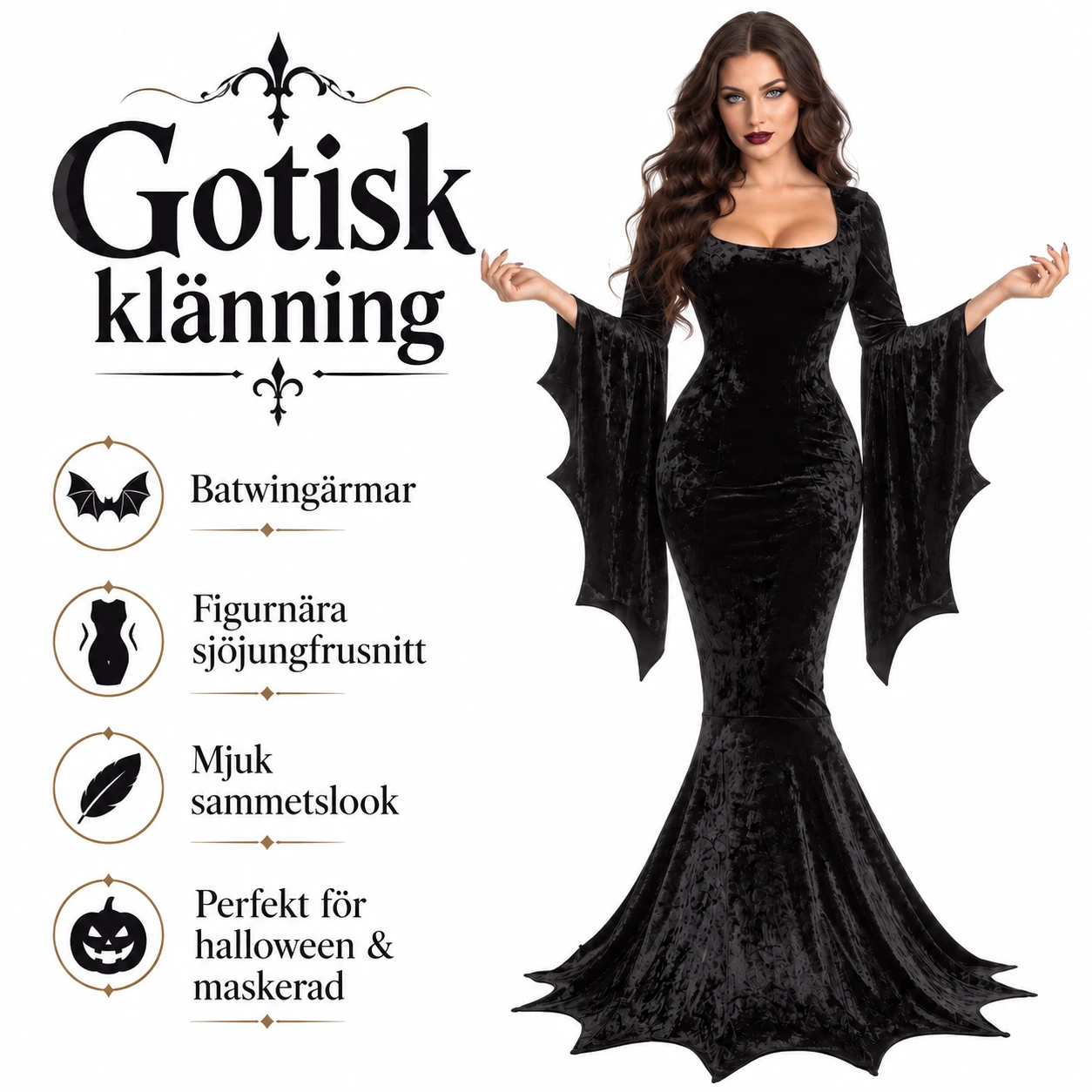 Naisten halloween-mekko lepakkohihoilla ja merenneito-leikkauksella