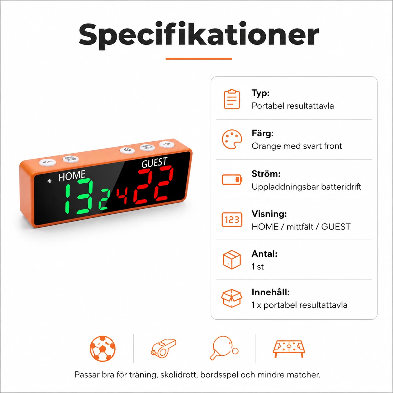 Portabel resultattavla för sport med summer och batteridrift